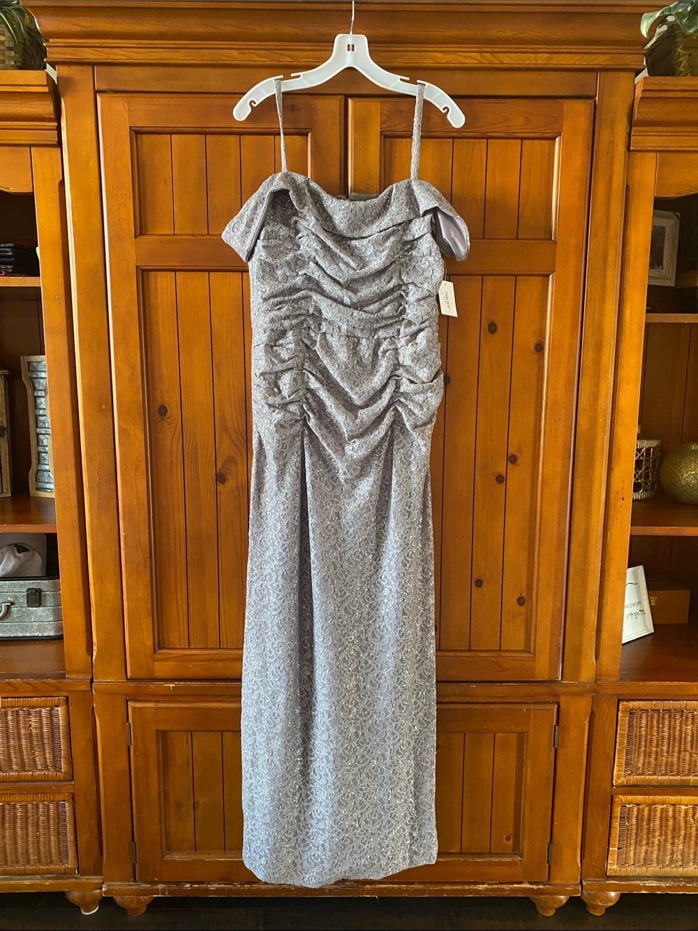 Oleg Cassini Silver Ruched Strapless Evening Gown